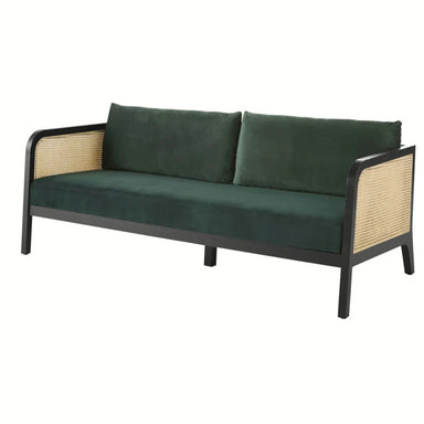 Elegant Oak Cane Back Velvet 3-Seater Sofa | Luxury Living Room Furniture