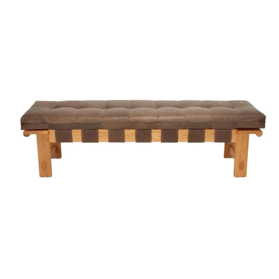 Vintage Tan Leather Upholstered Ottoman for Entryway, Bedroom, Dining Bench