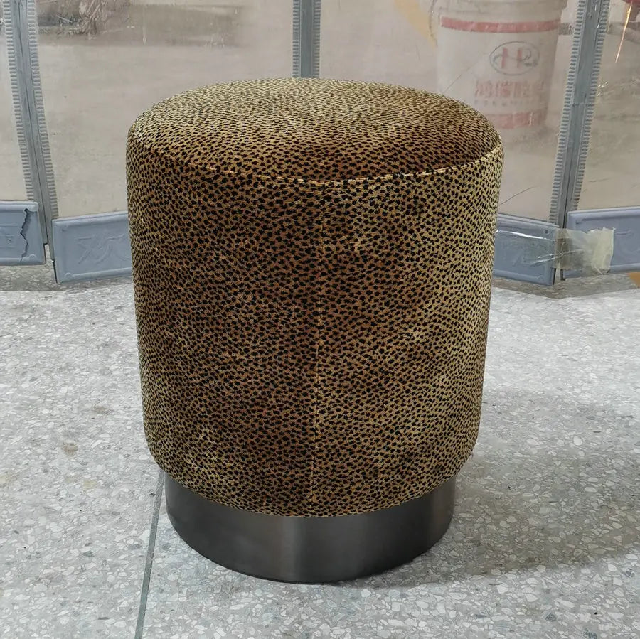 Modern Leopard Print Velvet Ottoman, Brass Base Luxury Pouf, Round Boucle Footrest Stool