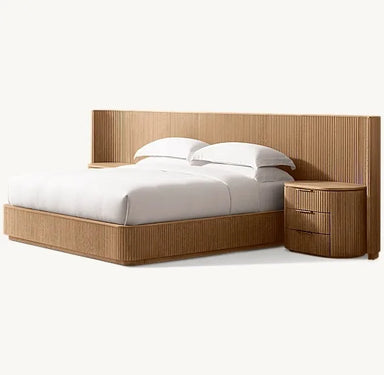 Premium American Style Oak Wood Queen Bed, Postmodern Luxury Extended Headboard Design