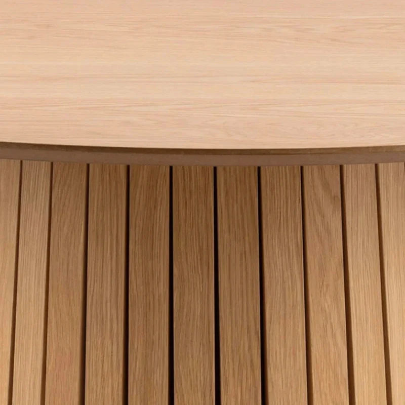 Modern Round Oak Wood Dining Table, Slatted Base, Event Ready, Natural Color
