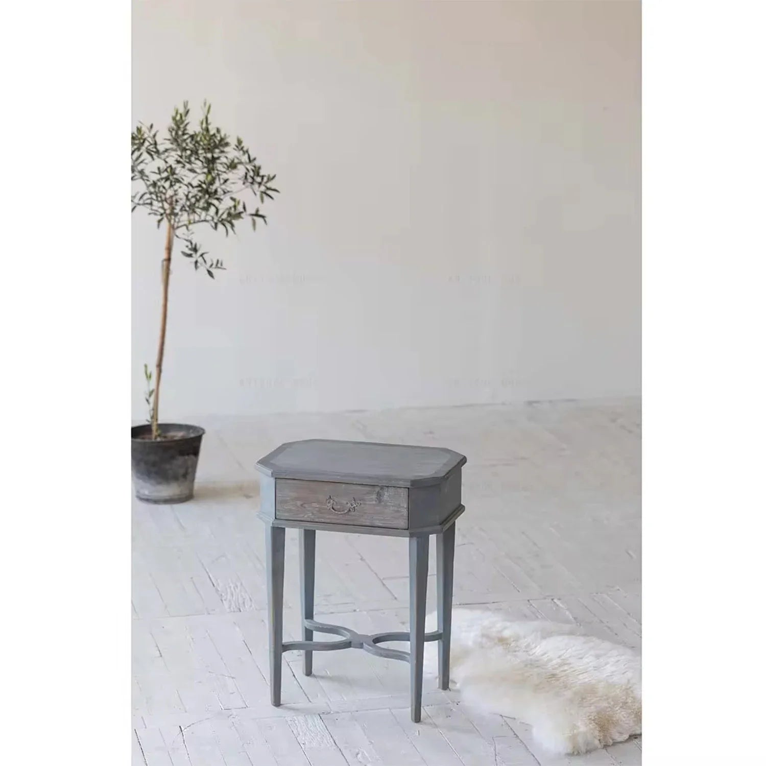 Chic French Vintage Recycled Pine Wood Nightstand with Drawer - Antique Blue Finish
