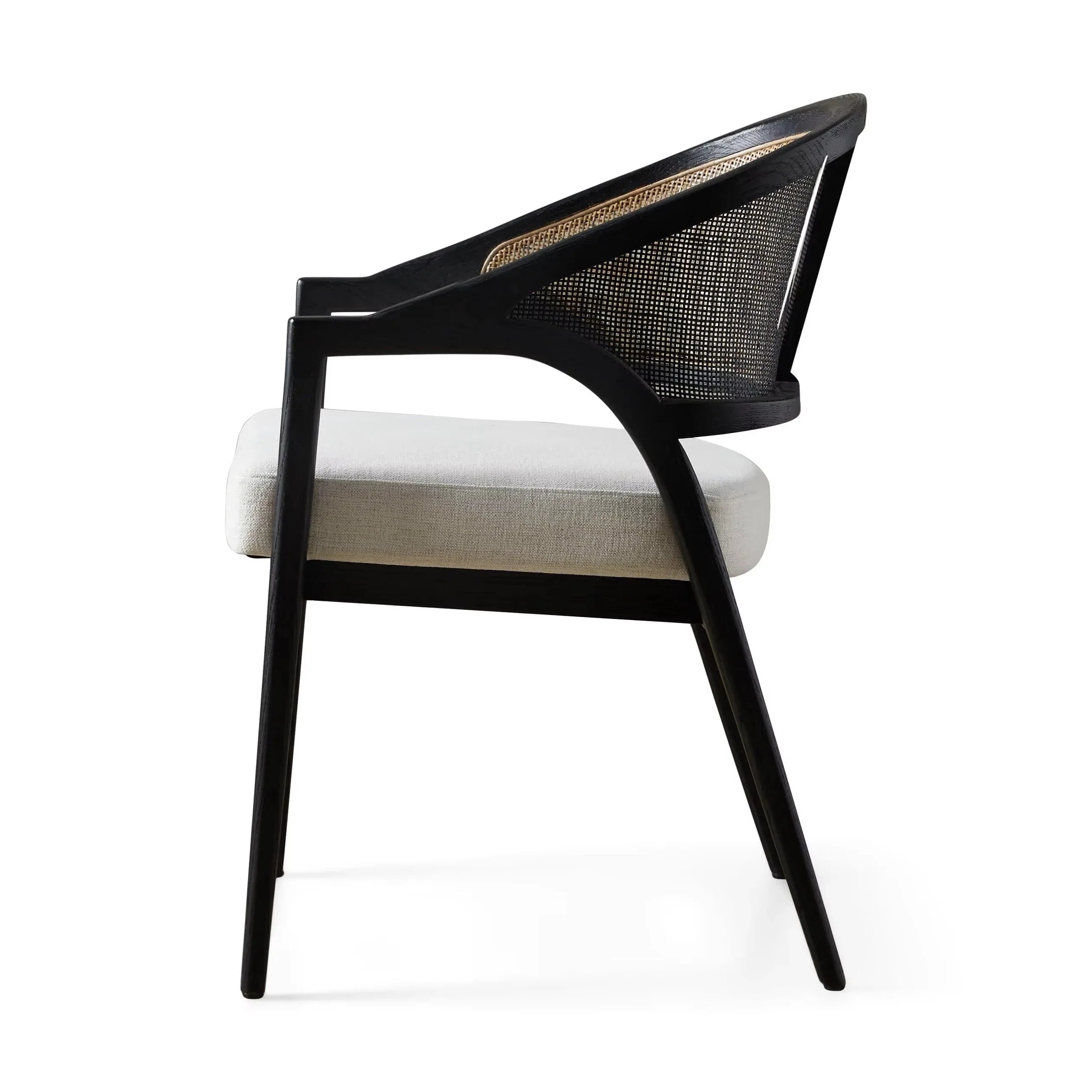 Aimee Modern Upholstered Rattan Back Dining Arm Chair, Solid Oak Frame