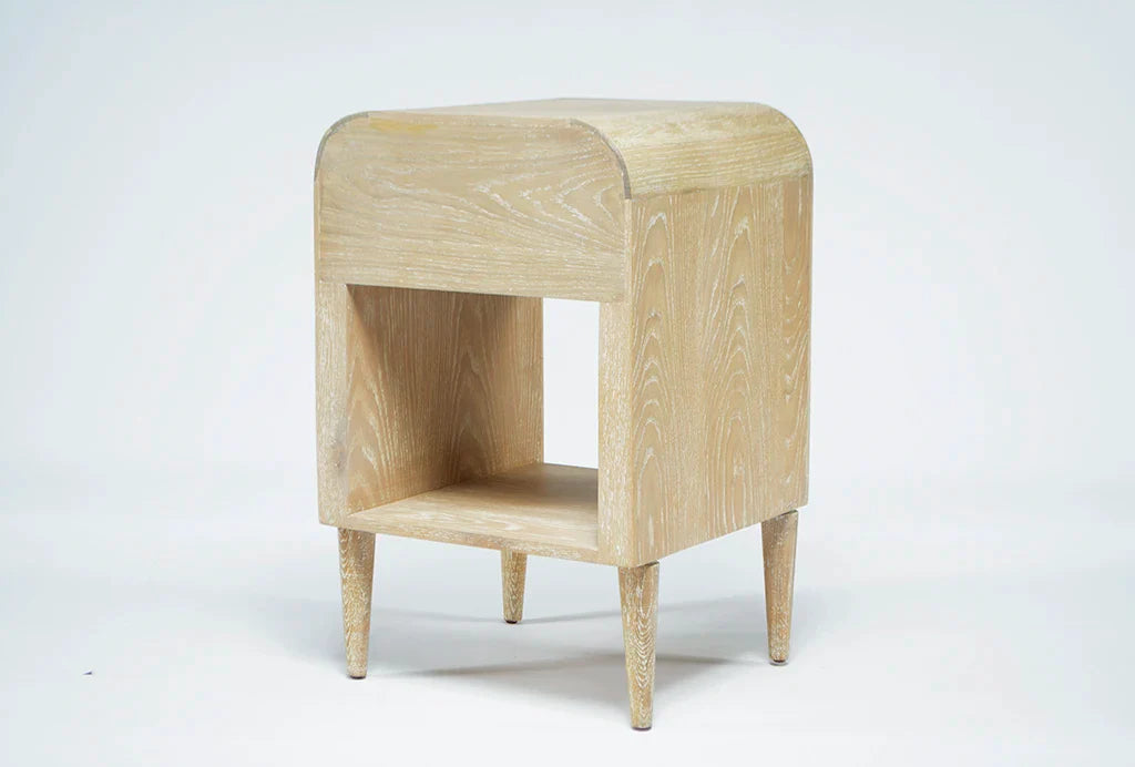 Small Cerused Oak Nightstand: Rounded Frame, Tapered Legs, Single Drawer