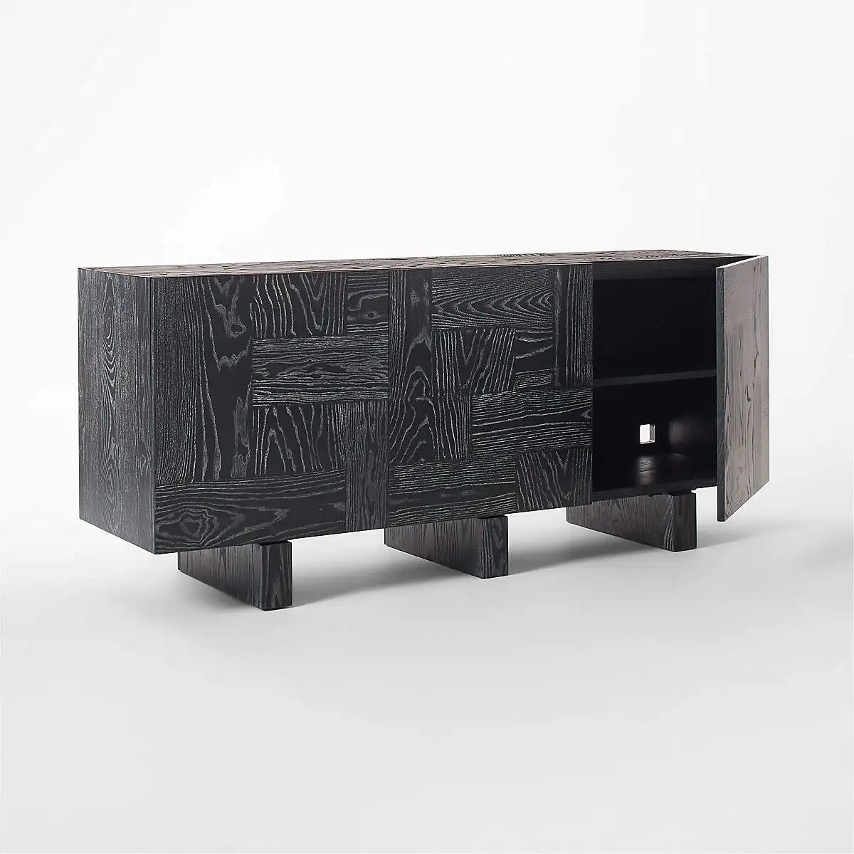 Modern Black Cerused Oak Wood Media Credenza Sideboard TV Console Cabinet