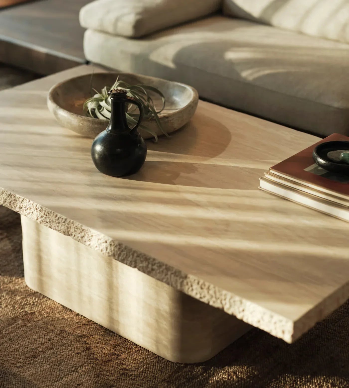 Elegant Italian Minimalist Beige Travertine Square Coffee Table for Luxury Living Room