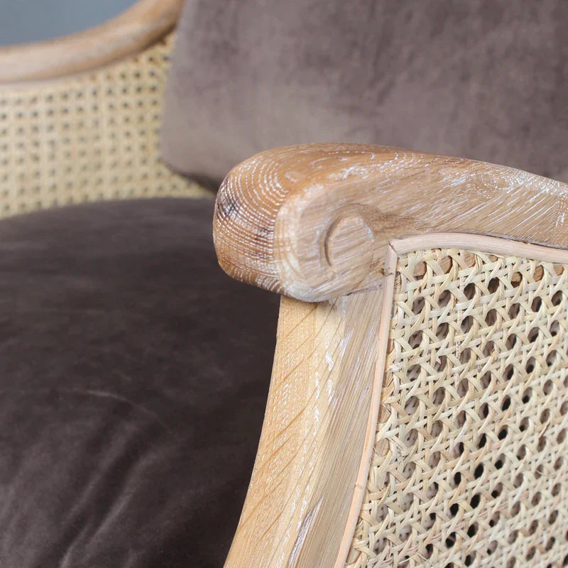 Elegant French Rattan Back Solid Oak Wood Living Room Armchair Sofa