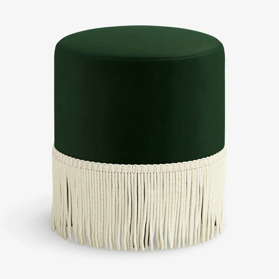Modern Round Fabric Ottoman with Corded Fringe Trim, Soft Accent Footstool