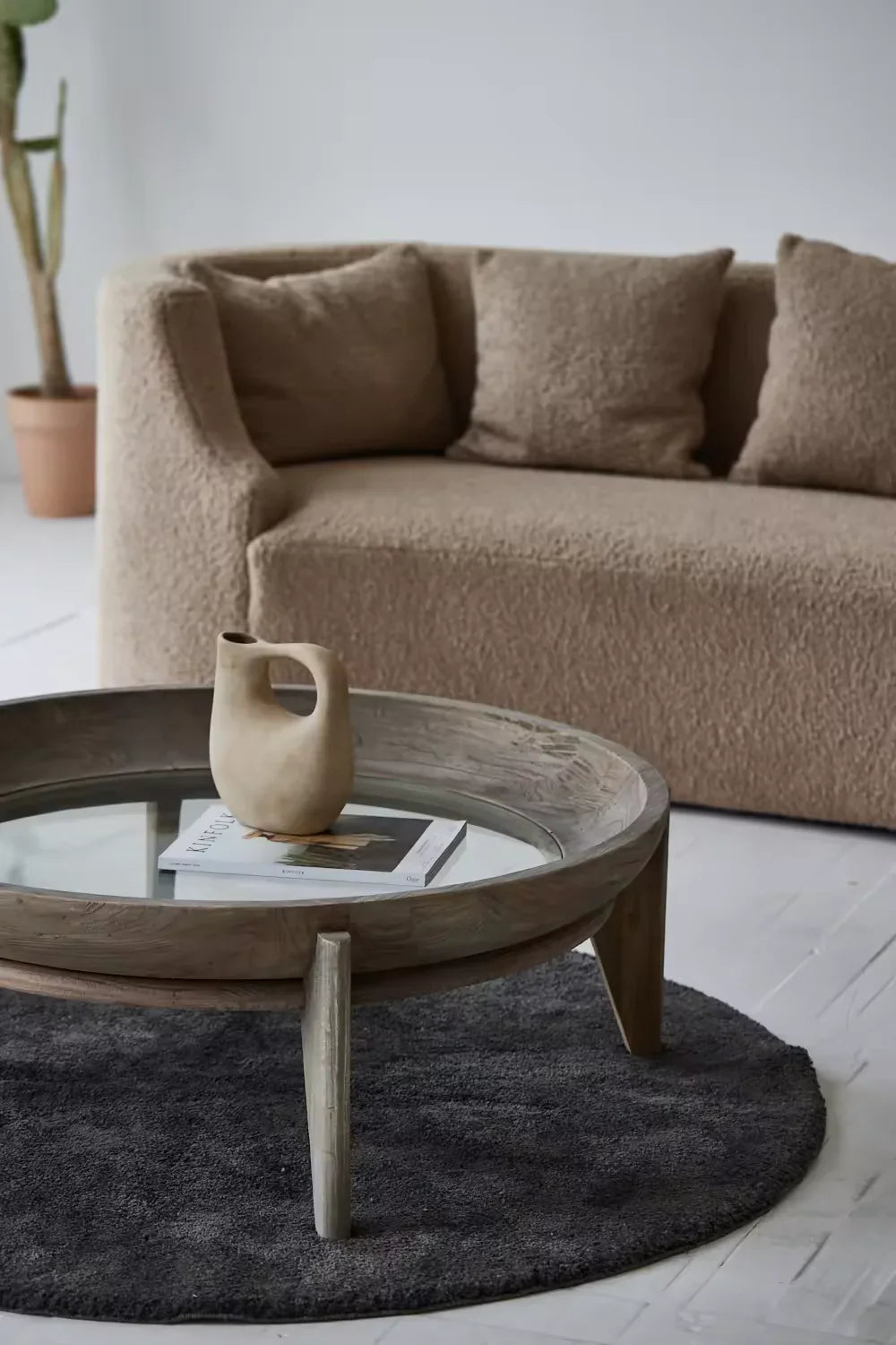Reclaimed Elm Wood Round Coffee Table with 8mm Tempered Glass Top
