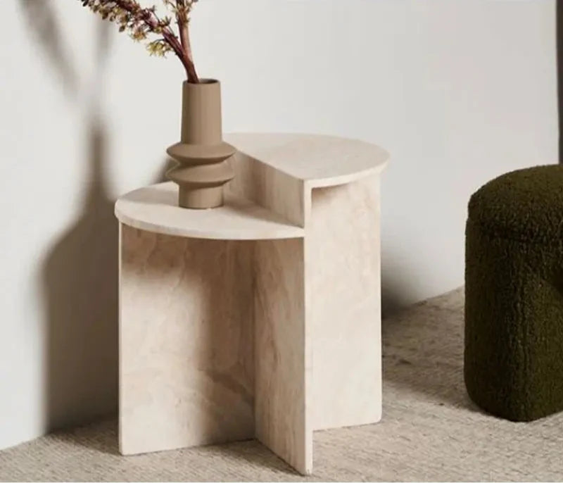 Tostone Modern Travertine Stone Side Table - Elegant Rice White Accent Furniture