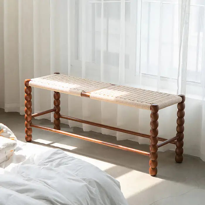 Elegant Bobbin Bench: Natural Oak Wood Woven Rattan Cane Footstool