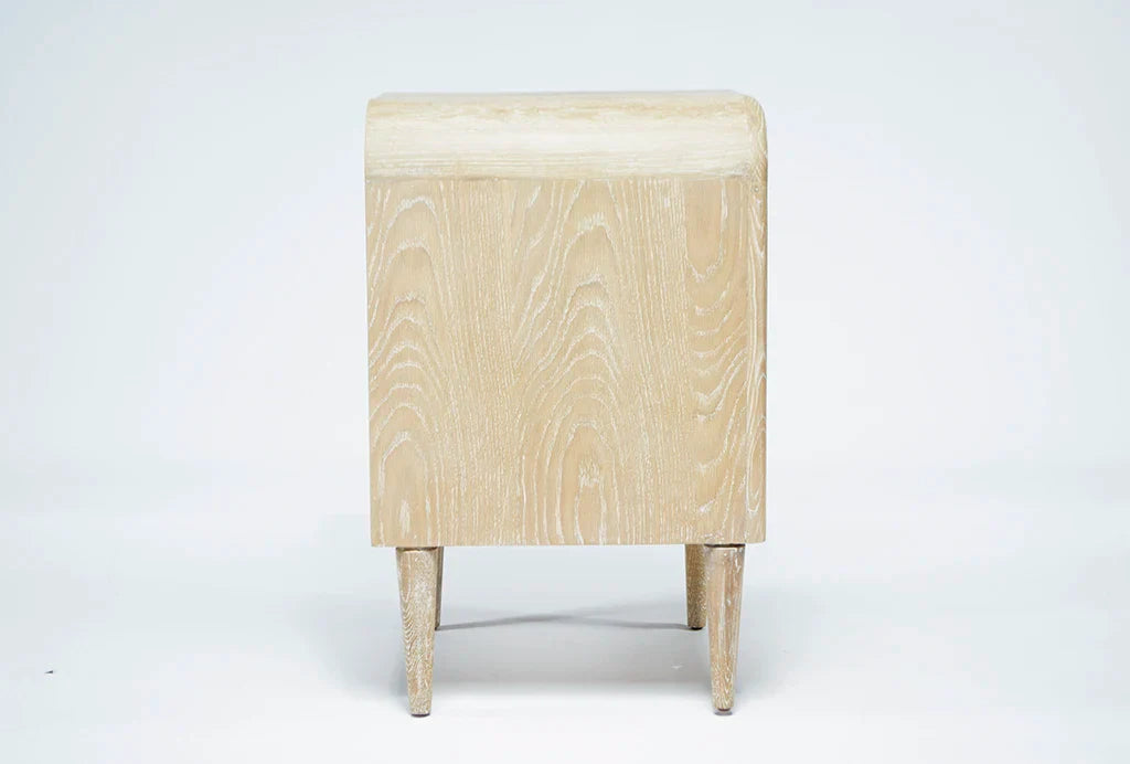 Elegant Cerused Oak Bedside Table: Rounded Frame, Tapered Legs, Single Drawer Nightstand