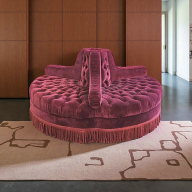 Luxurious Red Velvet Button Tufted Round Conversation Sofa with Tassels Fringes