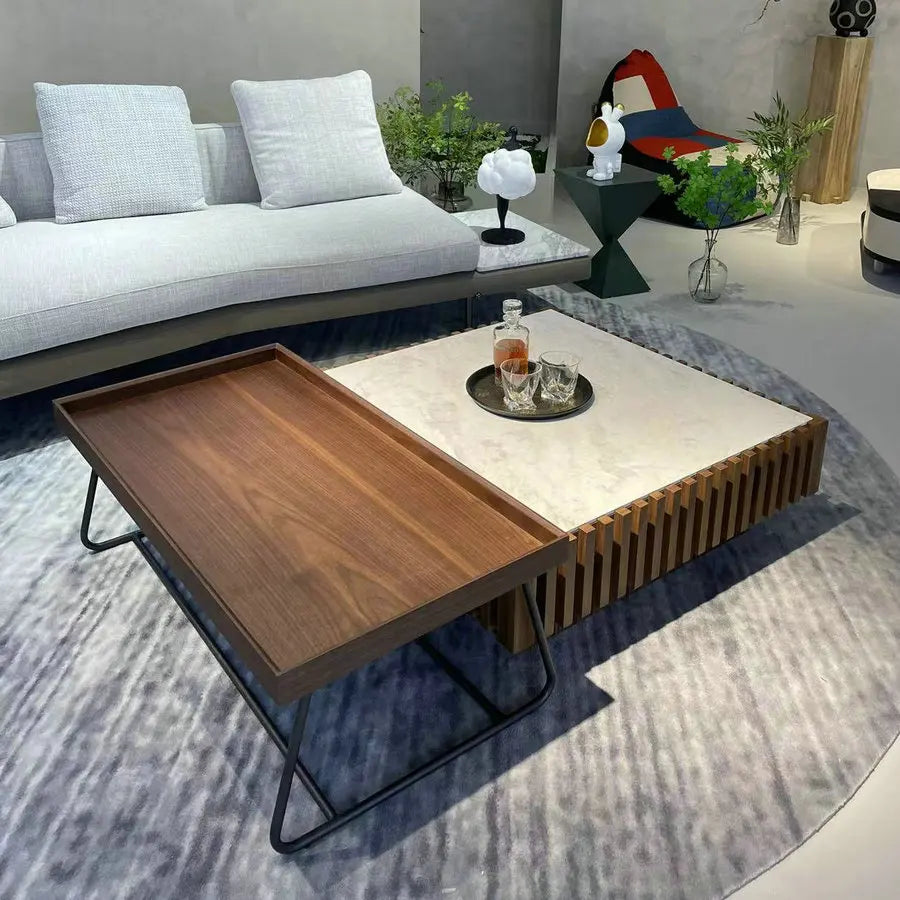 Modern Marble Top Coffee Table or Walnut Wood Rectangular Side Table