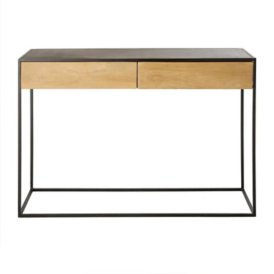 Elegant Black Metal Frame Console Table with Oak Wood Drawers for Modern Homes