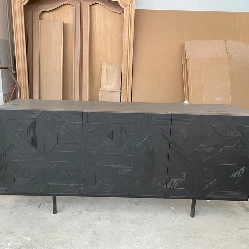 Modern Luxury Oak Wood Sideboard Buffet with Black Metal Textured Storage Cabinet