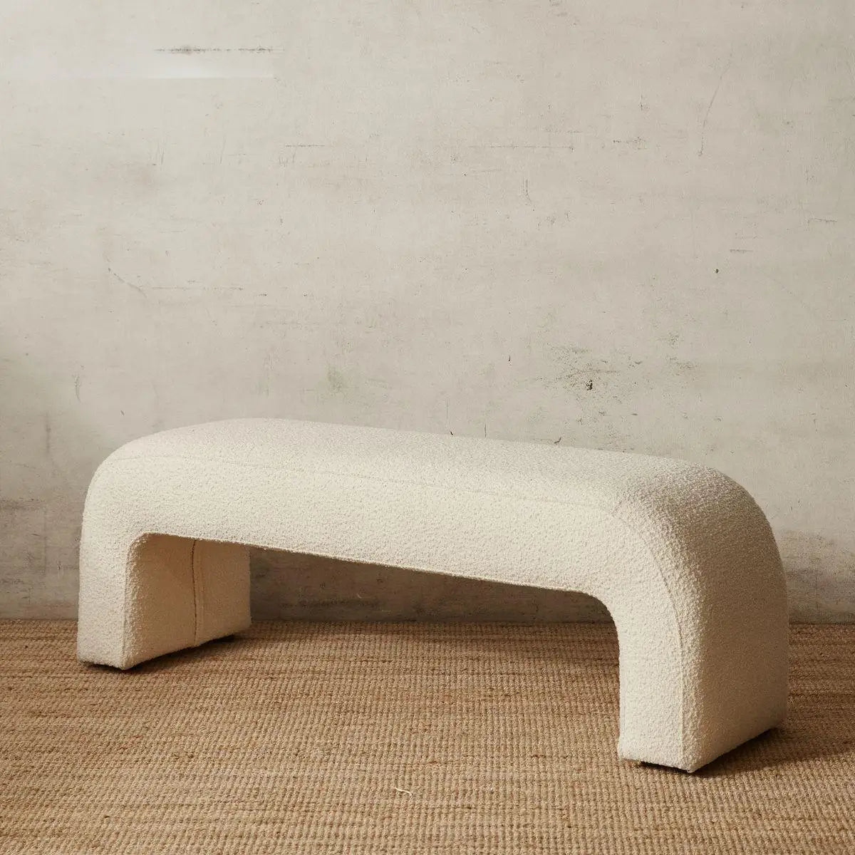Luxurious Boucle Accent Bench: Arch Design, Wood Frame for Bedroom & Entryway