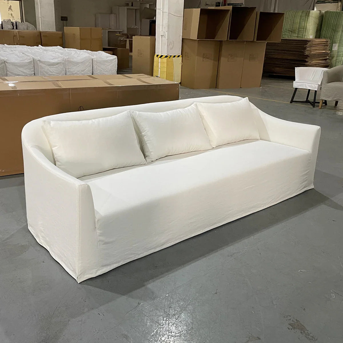 Modern White Linen Upholstered 3-Seater Sofa Couch with Solid Wood Frame