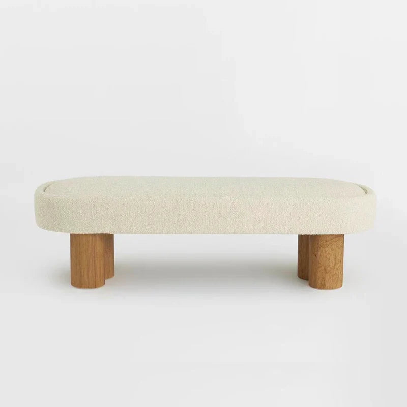 Chic Nordic White Boucle Upholstered Oak Wood Leg Ottoman Bench