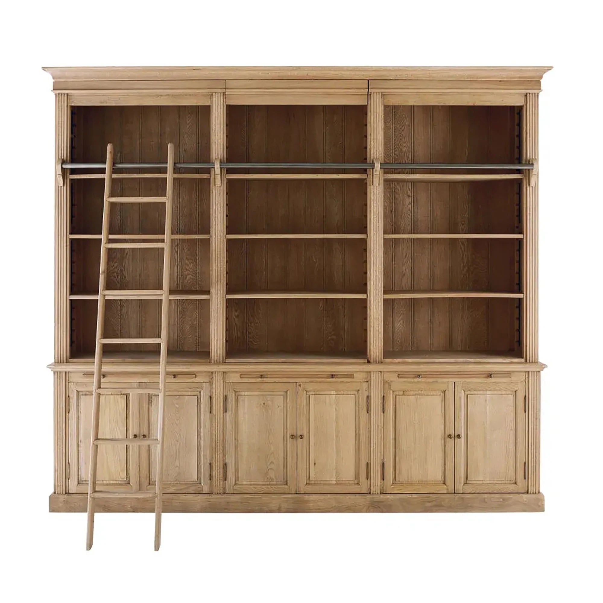 Antique Oak Wood Executive Three-Section Bookcase Wall with Rolling Ladder