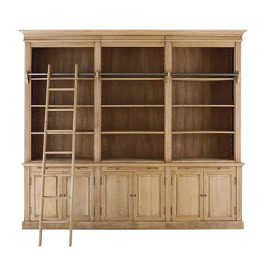 Antique Oak Wood Executive Three-Section Bookcase Wall with Rolling Ladder