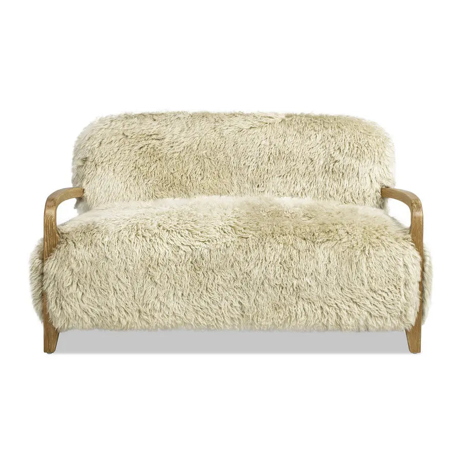 Nordic Vintage Sheepskin Loveseat Sofa, Solid Wood L-Shape Accent Couch