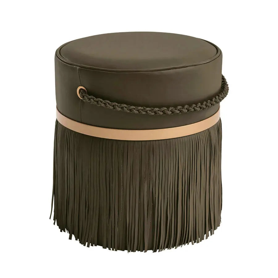 Modern Esthetic Leather Fringes Ottoman with Chain Handle Tassel Pouf