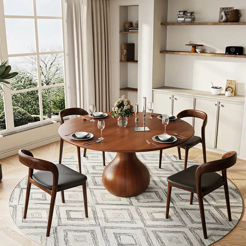 Elegant Retro Carved Round Wood Dining Table with Unique Water Drop Base