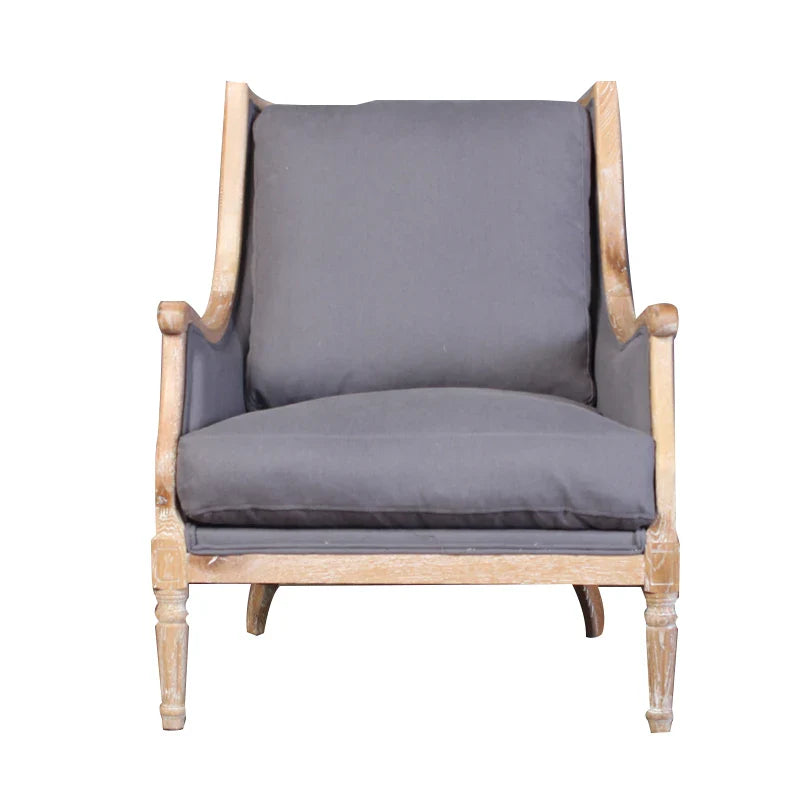 French Country Solid Oak Linen Armchair - Antique Accent Living Room Sofa