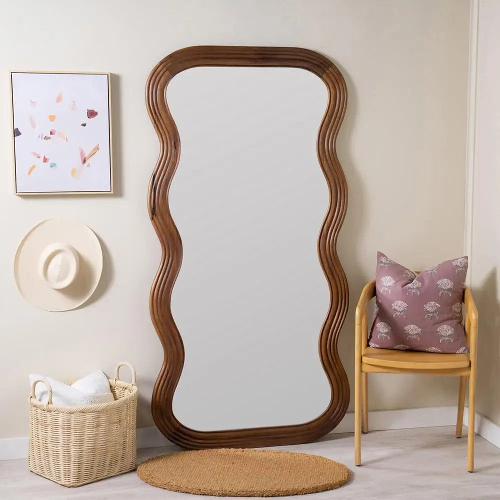 Elegant Waved Solid Wood Full Body Floor Mirror for Living Room Space