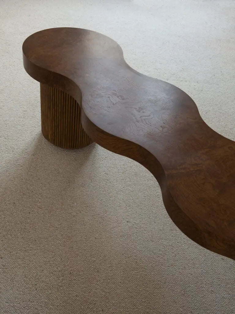 Elegant Nordic Fluted Oak Wood Bench with Burl Top - Modern Home Seating
