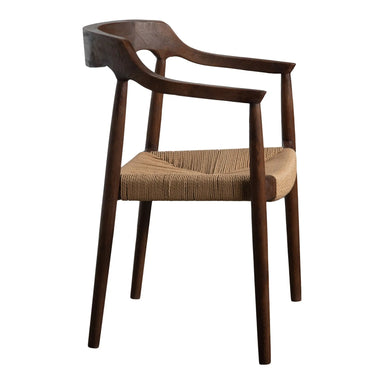 Durable Solid Oak Wood Low Back Arm Dining Chair with Woven Rush Seat