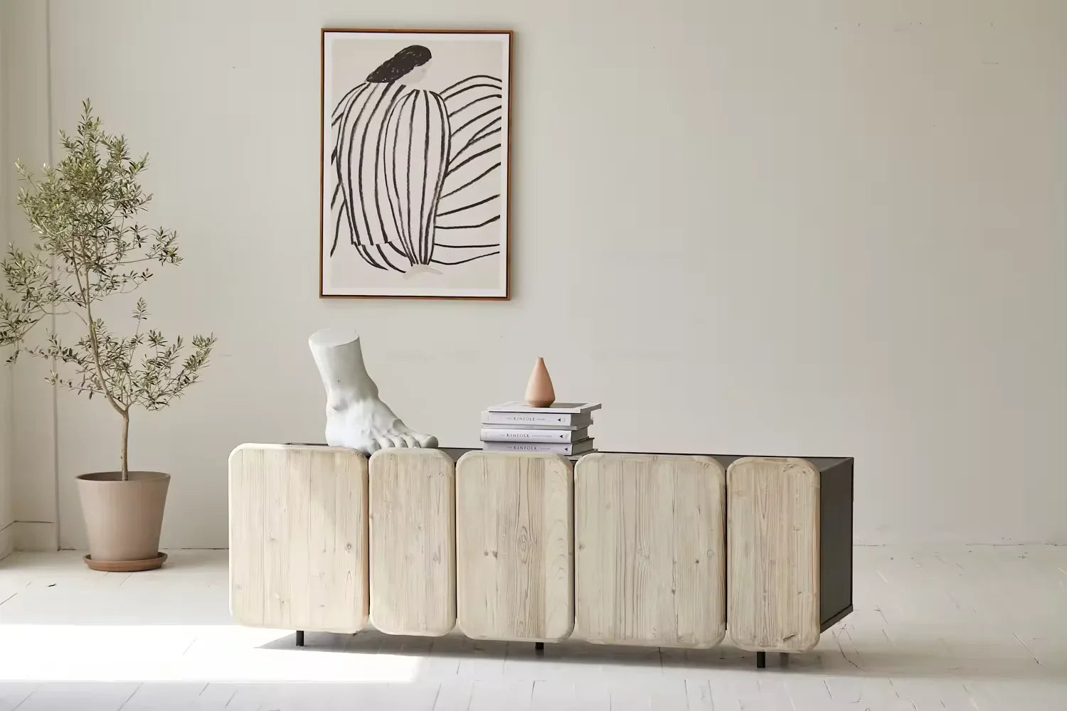 Modern Scandinavian Minimalist Reclaimed Pine Sideboard - Natural Storage Dining Cabinet
