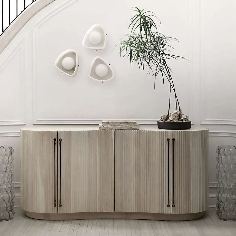 72 Inch Oak Wood Fluted Credenza Carved Sideboard Storage Cabinet