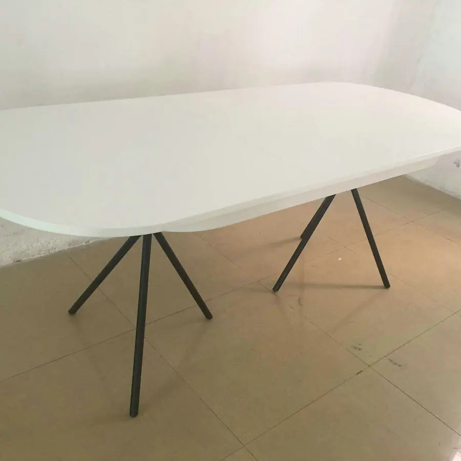 Modern Extendable Dining Table: Matte White Lacquer, Oak Veneer Top, Metal Base