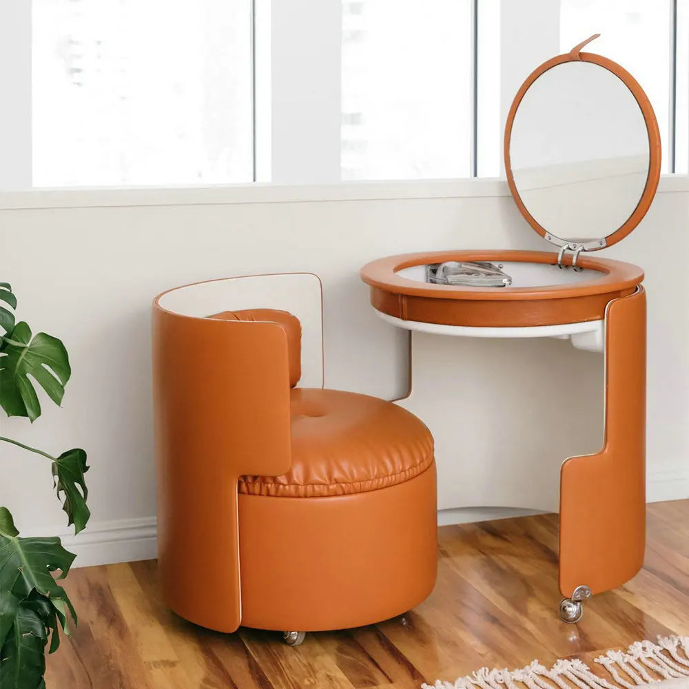 Luxury Foldable Dressing Mirror Vanity Cabinet with Stool, Modern Synthetic Leather