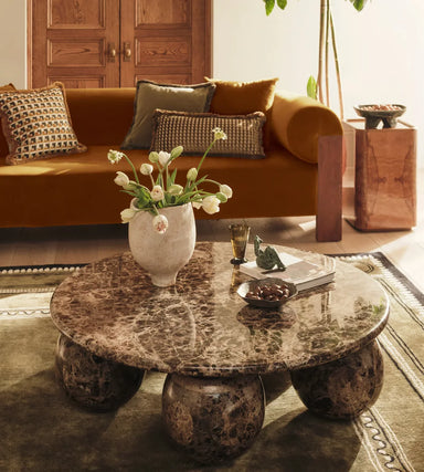 Vintage Earthy Brown Natural Marble Ball Base Round Coffee Table