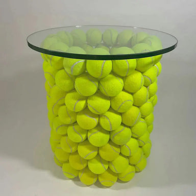 Chic Round Tempered Glass Coffee Table, Unique Tennis Ball Design Base