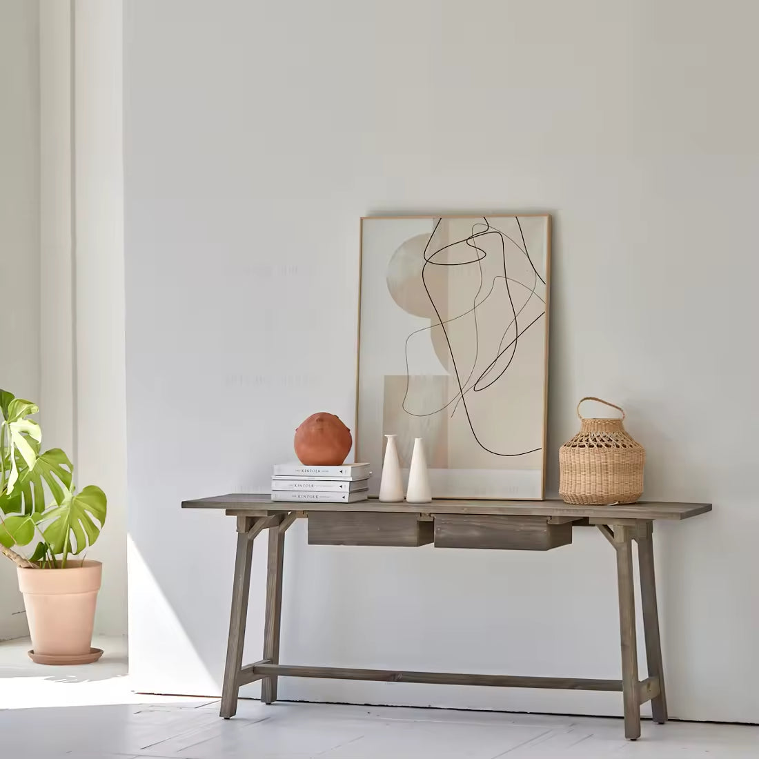 Midcentury Reclaimed Wood Console Table with Antique French Metal Accents