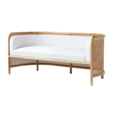 Elegant Rattan Cane Settee Sofa, White Cushion, Solid Oak Wood Frame