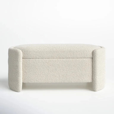 Elegant White Boucle Storage Bench Wooden Upholstered Living Room Foot Stool
