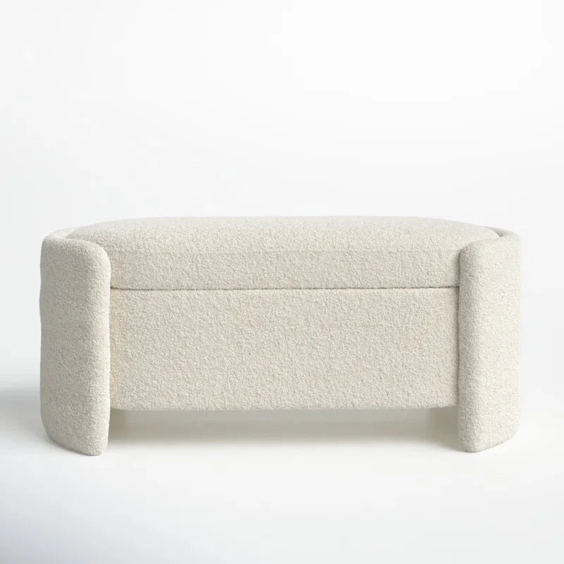 Elegant White Boucle Storage Bench Wooden Upholstered Living Room Foot Stool