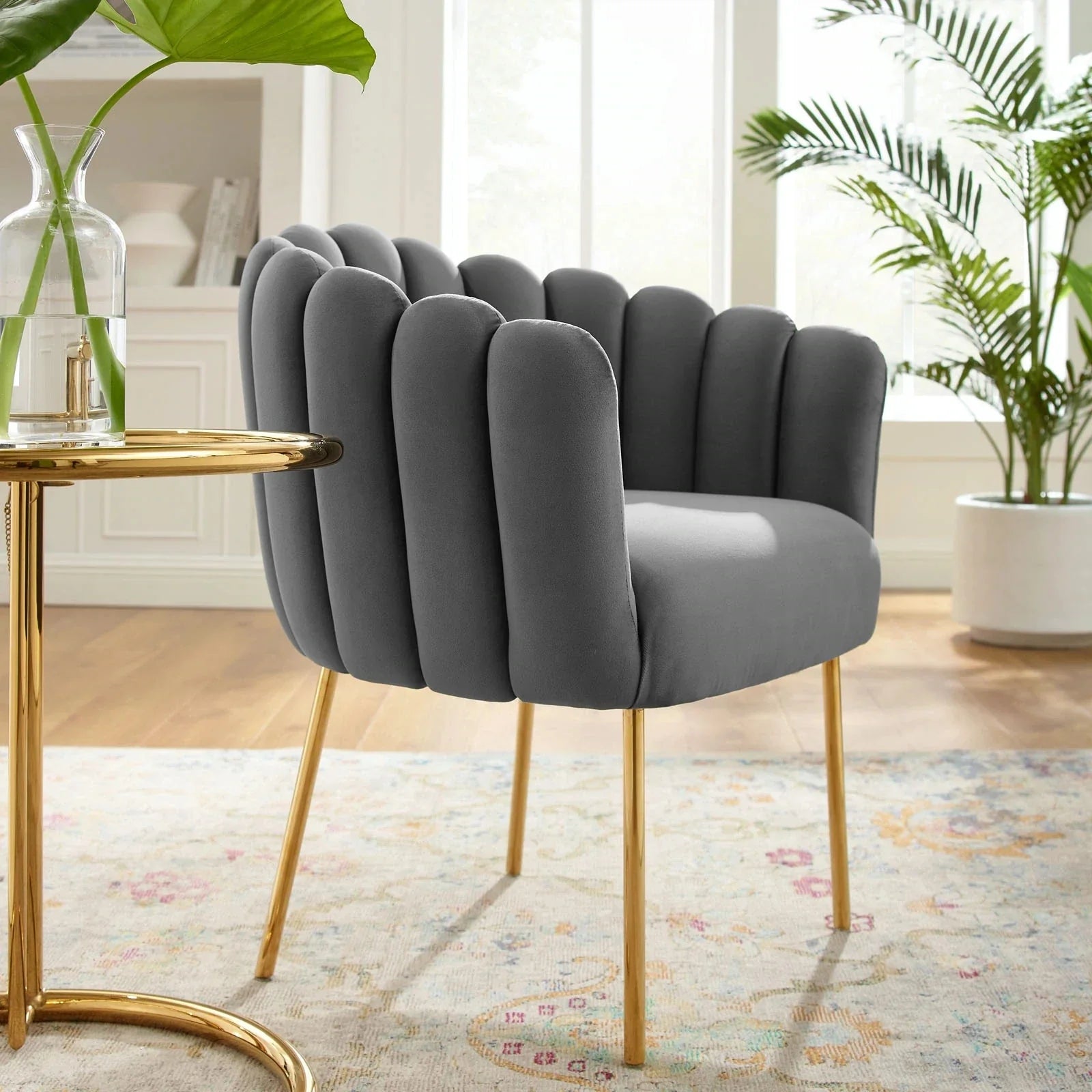 Luxurious Channel Tufted Velvet Armchair Modern Dining Chair Accent Seating
