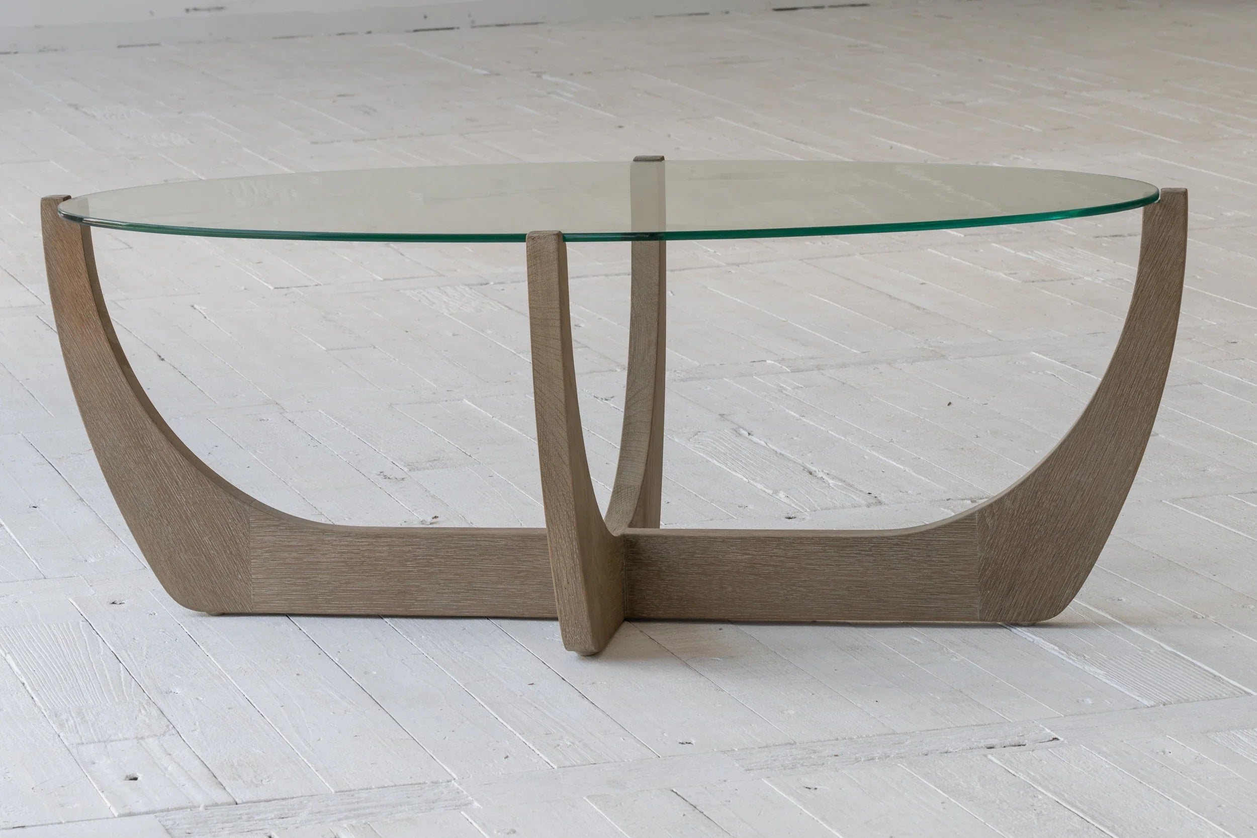 Elegant Oak Japandi Wabi-Sabi Coffee Table with Tempered Glass Top