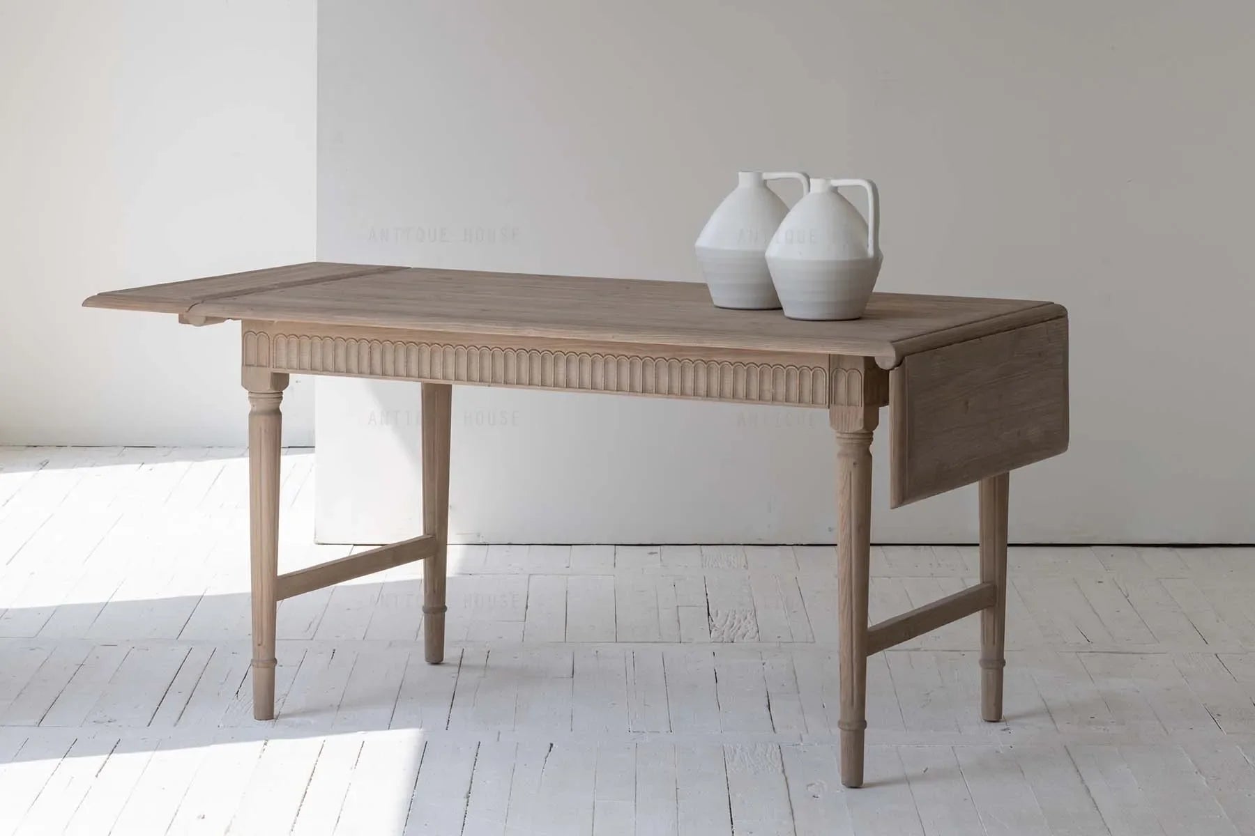 Mid-Century Modern Pine Wood Dining Table, Extendable Antique Style Furniture