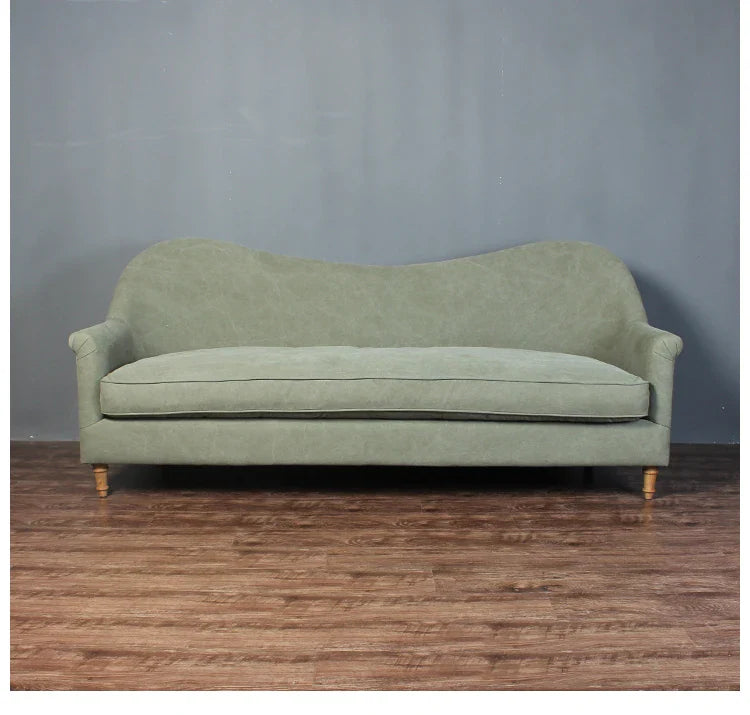 Elegant French Nordic Curved Back Sofa - Solid Oak Wood Frame, Linen Upholstery