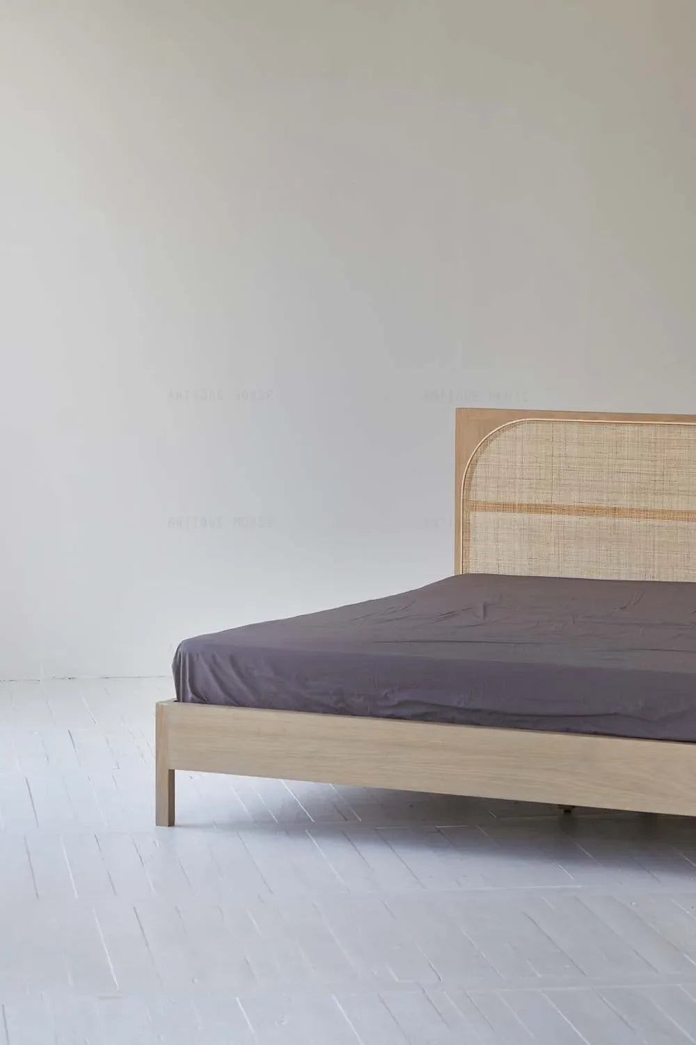 Rustic Boho Oak Rattan Wooden Double Bed Frame for Organic Bedroom Furniture