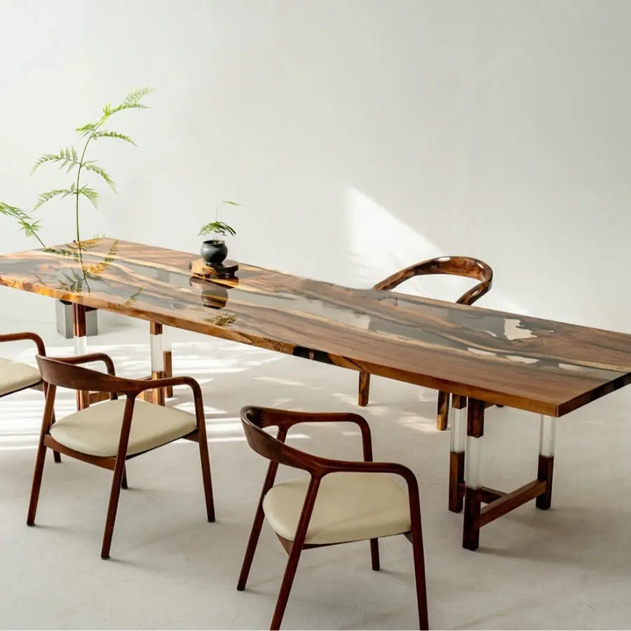 Exquisite Live Edge Solid Walnut Slab River Epoxy Dining Table