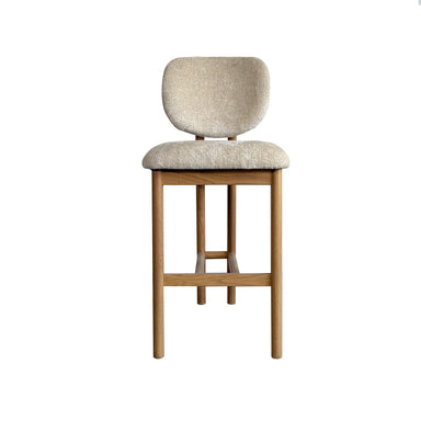 Chic Beige Upholstered Curved Kitchen Stool with Solid Oak Exposed Back