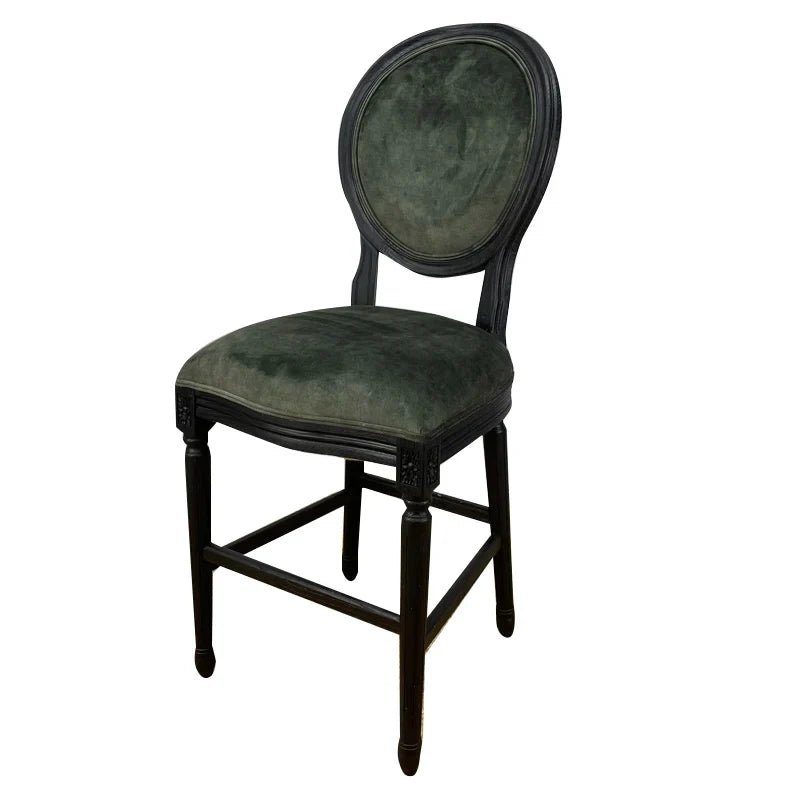 French Classic Solid Oak Louis Velvet Bar Stool Dining Chair